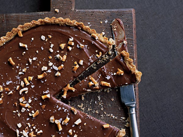 Milk chocolate tart with a pretzel crust [Colleen Grapes]
