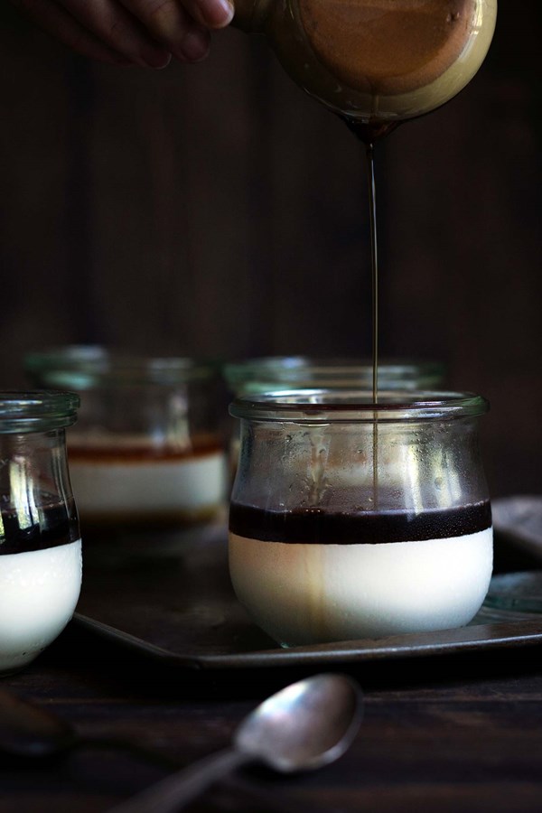 Milk panna cotta with coffee syrup