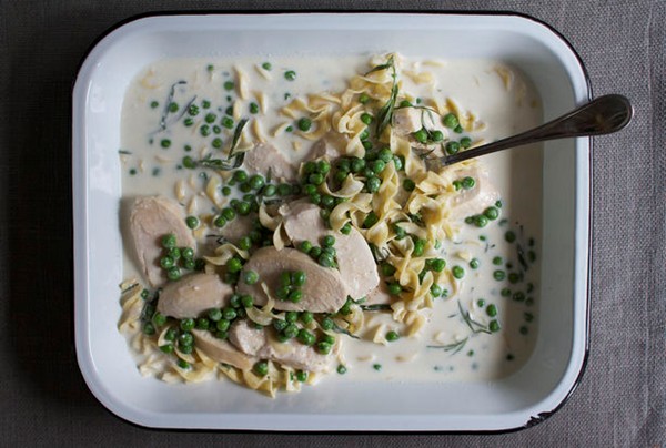 Milk-poached chicken with tarragon and peas