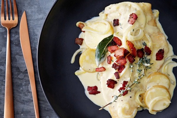Milk-poached smoked cod with bacon