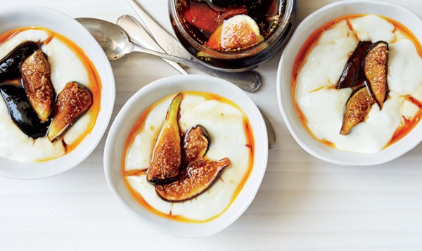 Milk pudding with rose water caramel and figs