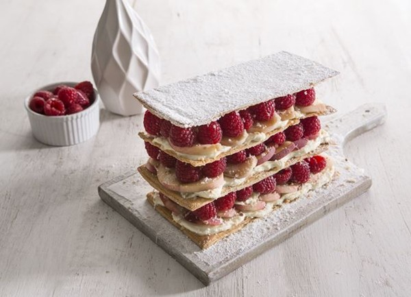 Mille-feuille of peach and raspberry with a citrus cream