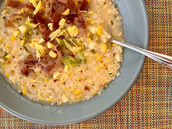 Millet-corn chowder with frizzled prosciutto 