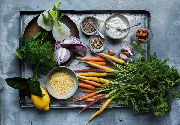 Millet, harissa and roasted carrot salad