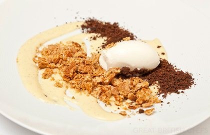 Millet porridge, oat crumble and milk ice cream
