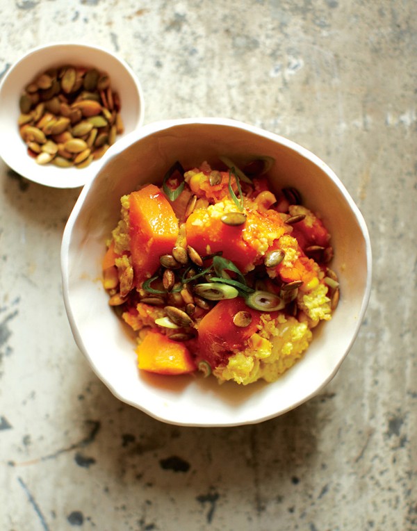 Millet, squash, and sweet corn pilaf with tamari-toasted pumpkin seeds
