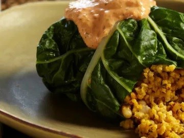 Millet-stuffed chard rolls [roasted red pepper sauce]
