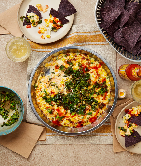 Milli's cheesy corn dip with Padron pepper salsa