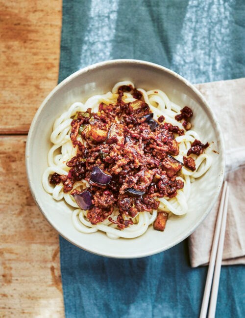 Minced lamb and aubergine noodles