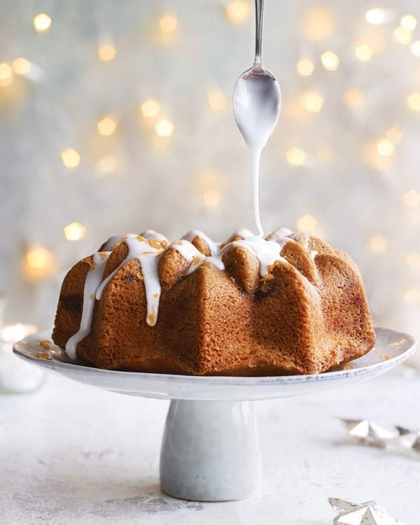 Mincemeat and custard bundt cake with rum and orange icing