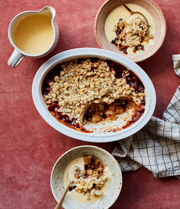 Mincemeat crumble with brandy custard