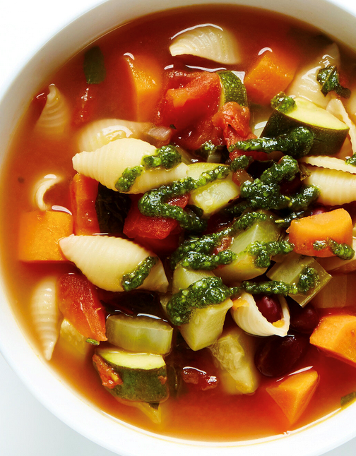 Minestrone soup with pesto drizzle