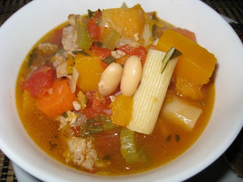 Minestrone soup with sausage and squash