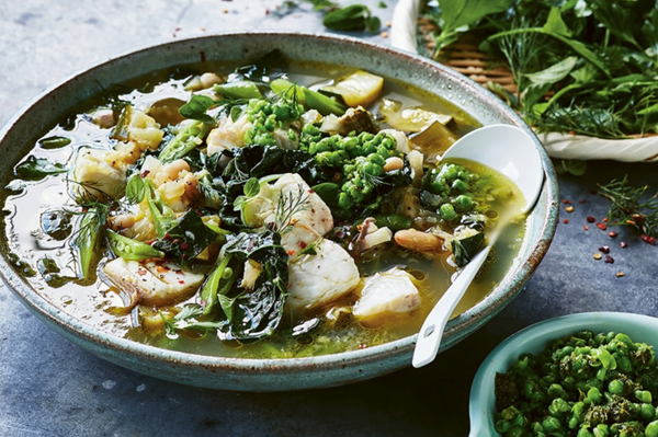 Minestrone verde with poached fish