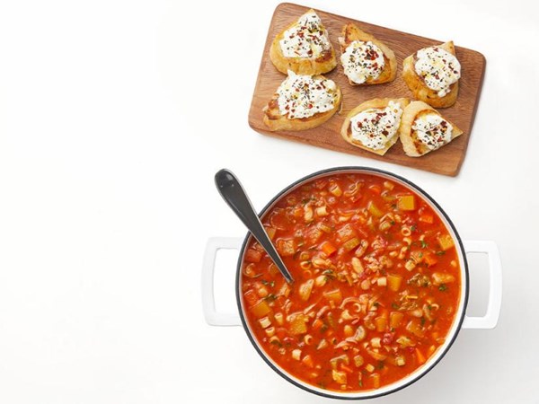 Minestrone with burrata toasts 
