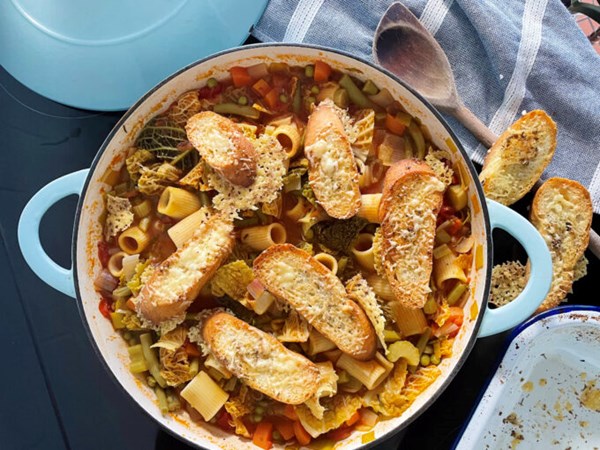 Minestrone with cheesy crusty croutons