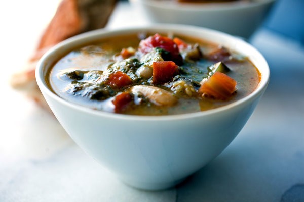 Minestrone with shell beans and almond pistou