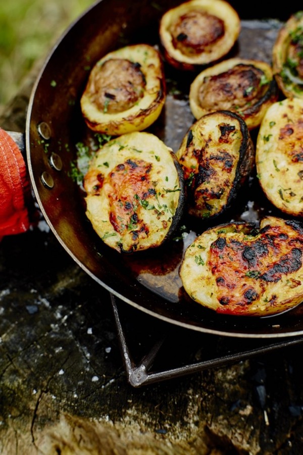 Mini baked potatoes with beef sliders