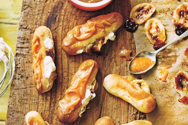 Mini banana & coconut eclairs with peanut butter icing