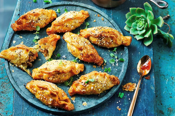 Mini beef pasties with mushy peas