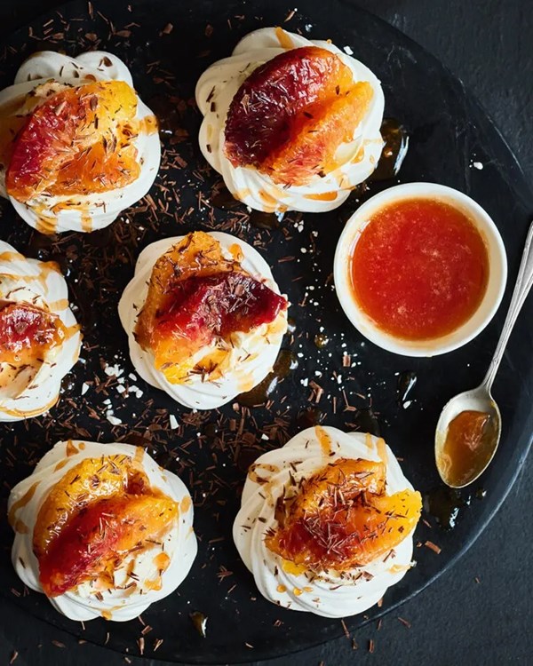 Mini chocolate and blood orange Pavlovas