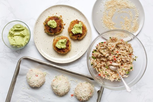Mini crab cakes with avocado wasabi sauce
