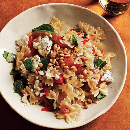 Mini farfalle with roasted peppers, onions, feta, and mint