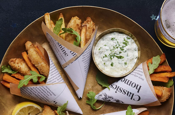 Mini fish & chips with rocket & caper mayo