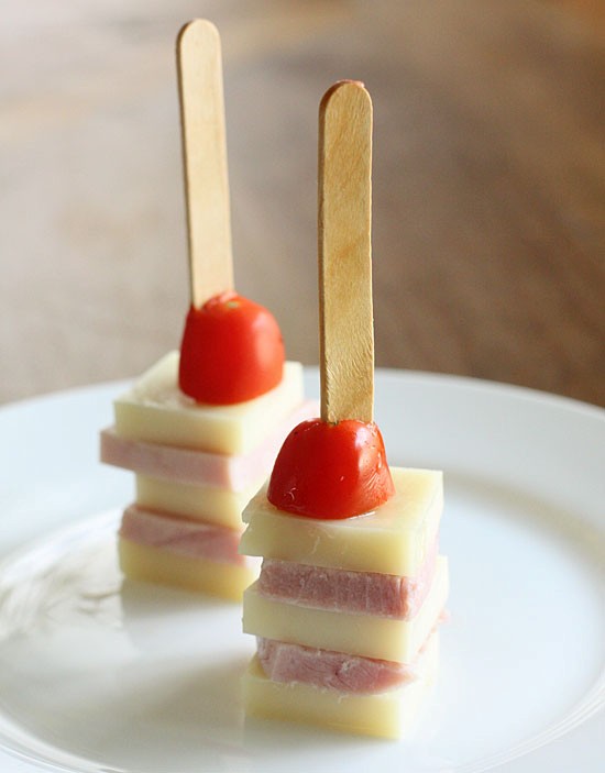 Mini ham, cheese, and tomato skewers