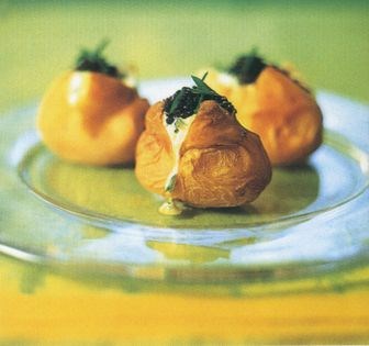 Mini jacket potatoes with soured cream and caviar
