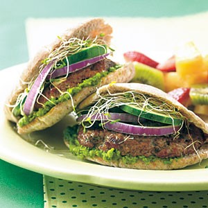 Mini lamb pitas with minted pea hummus