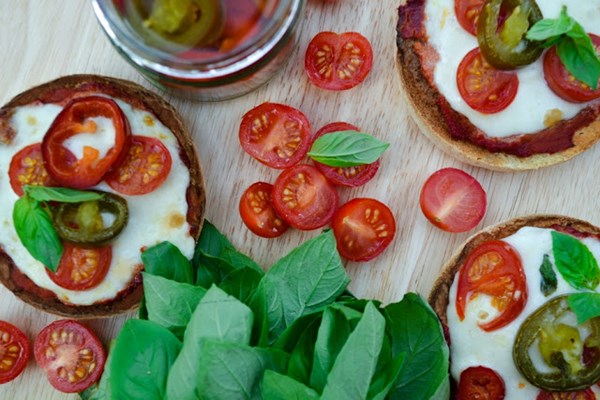 Mini Margherita muffin pizzas with jalapeños