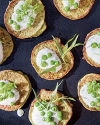 Mini pea pancakes with herbed yogurt