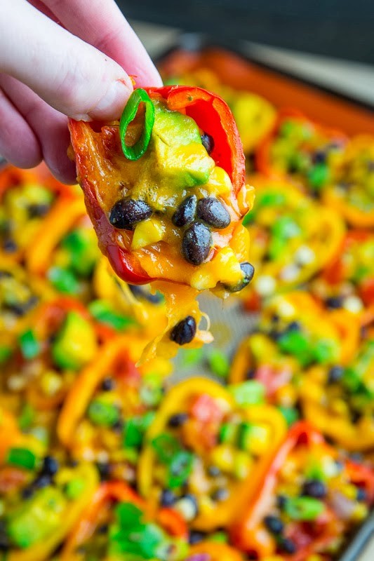 Mini pepper nachos with corn, black beans and avocado