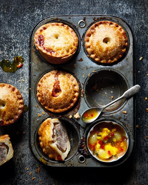 Mini pork and ham pies with quick piccalilli