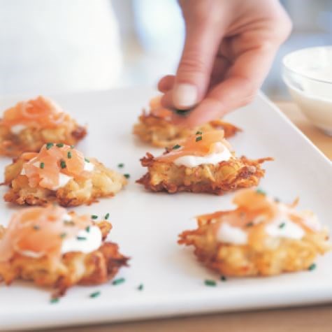 Mini potato pancakes with salmon