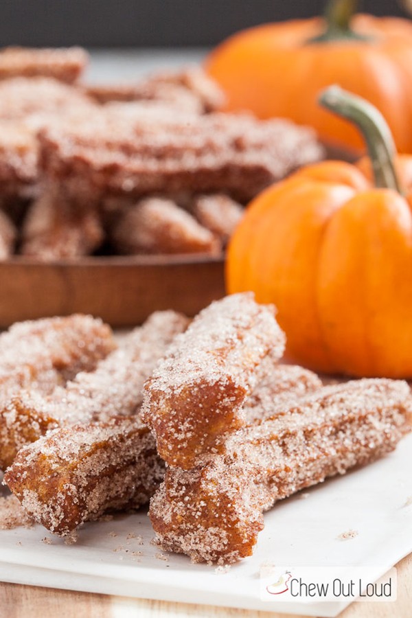 Mini pumpkin churros with chocolate-orange dipping sauce