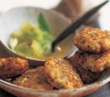 Mini saffron fish cakes with minty cucumber salad