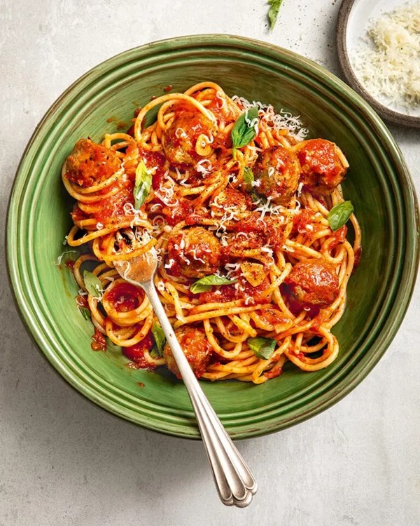 Mini sausage meatballs with spaghetti arrabbiata