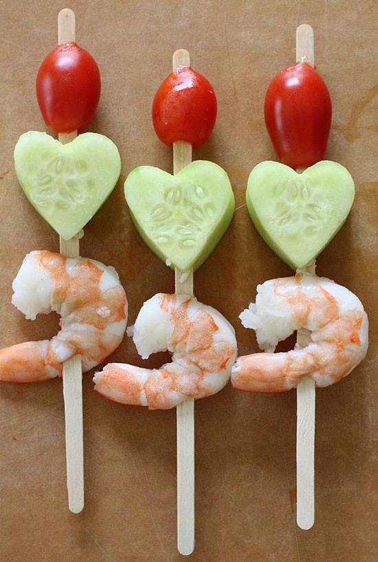 Mini shrimp, tomato, and cucumber skewers