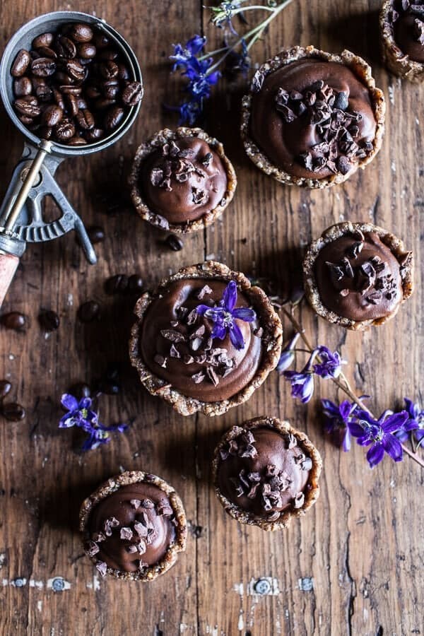Mini vegan no-bake chocolate mocha fudge and coconut tarts
