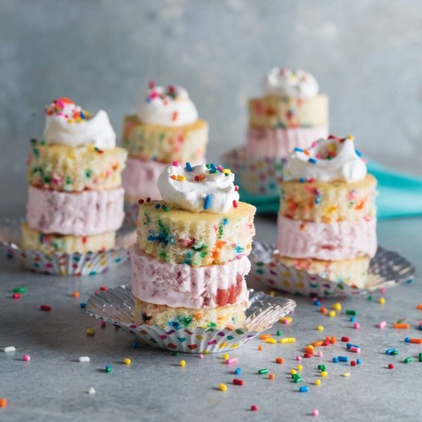 Miniature rainbow sprinkle ice cream cakes