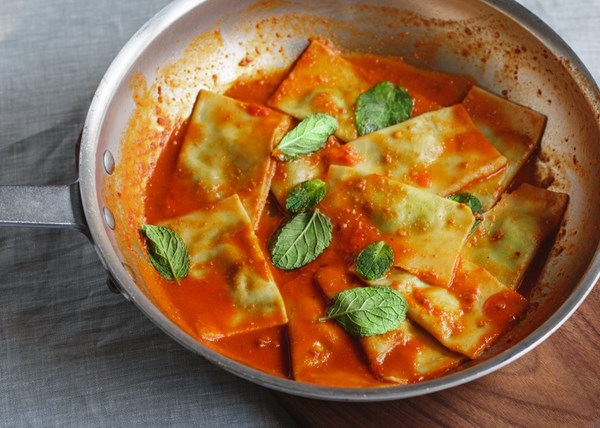 Mint love letters with spicy lamb sausage