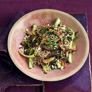 Mint marinated aubergines, feta, cucumber and soba noodle salad