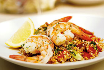 Mint-marinated shrimp with tabbouleh, tomatoes, and feta