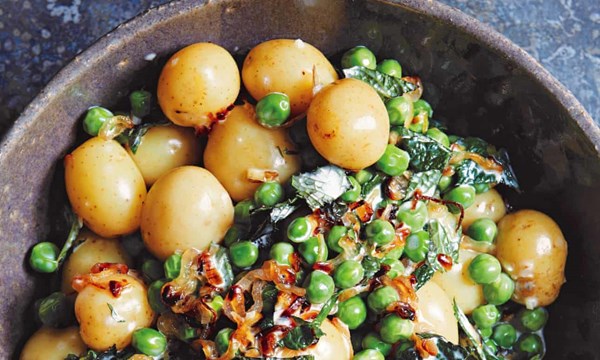 Minted baby potatoes, peas and creme fraiche
