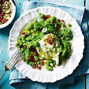 Minted broad beans and peas with mozzarella, and pistachio & Parma ham crumble