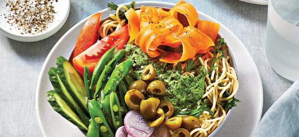 Minted cucumber and pea noodle bowls