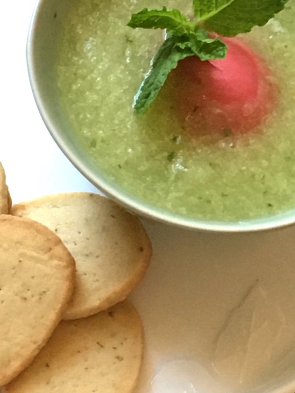 Minted honeydew melon soup with coconut sorbet