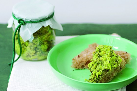Minted petits pois spread with preserved lemon
